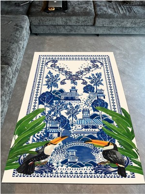 Rugs Modern Blue Blanc ve Botanik Tema Dijital Baskı Dekoratif Dokuma Taban Halı Mira 1284