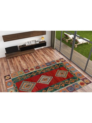 Rugs Modern Etnik Kırmızı Yeşil Çok Renkli Kilim Desen Dekoratif Halı 1701