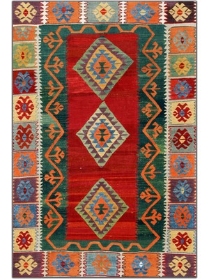 Rugs Modern Etnik Kırmızı Yeşil Çok Renkli Kilim Desen Dekoratif Halı 1701