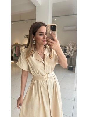 Pelin Yıldız Butik Gömlek Yaka Düğmeli Kemerli Elbise