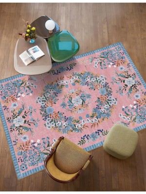 Rugs Modern Pembe Çiçek Temalı Pastel Renkli Dokuma Taban Halı Mira 1338