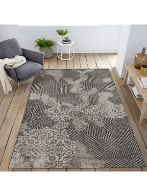 Rugs Modern Mira Bej Gri Ton Geleneksel Motifli Çizgi Desen Vintage Dekoratif Halı Mira 1556