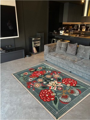 Rugs Modern Yeşil Kırmızı Etnik Çiçek Desenli Çok Renkli Halı Mira 1295