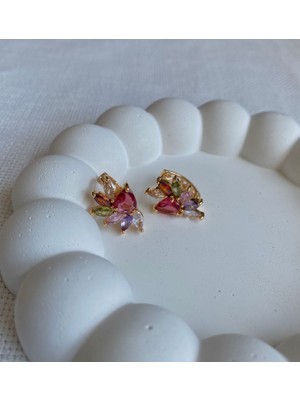 Demokan Kadın Küpe Özel Seri Renkli Taş Yarım Çiçek Küpe