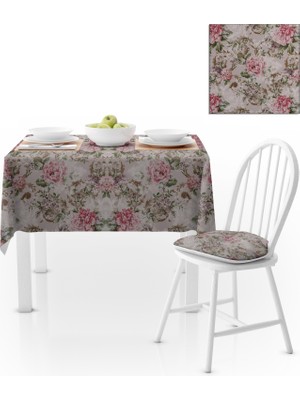BenimOl Gül Desenli Yeşil Yapraklı Gül Kurusu Masa Örtüsü 140x140