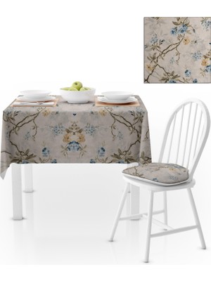 BenimOl Sarmaşık Çiçek Desenli Gri Zemin Mavi Tarçın Masa Örtüsü 140x140