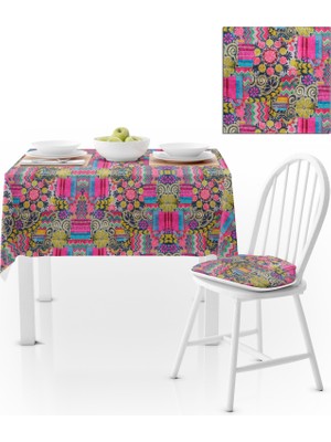 BenimOl Geometrik Desenli Fuşya Sarı Kadife Dokulu 180x260 Masa Örtüsü
