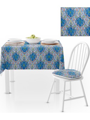 BenimOl Modern Damask Desenli Mavi Turkuaz Kadife Dokulu 180x260 Masa Örtüsü