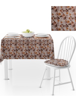 BenimOl Çiçek Desenli Krem Zemin Çikolara Taba Masa Örtüsü 140x140