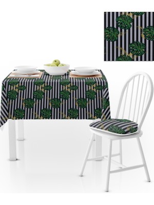 BenimOl Yaprak Desenli  Siyah Beyaz Çizgili Masa Örtüsü 140x220