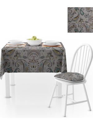 BenimOl Etnik Şal Desenli Gri Zemin Sarı Turkuaz Masa Örtüsü 140x140