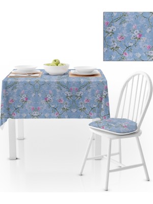 BenimOl Sarmaşık Çiçek Desenli Mavi Pembe Kadife Dokulu 180x220 Masa Örtüsü
