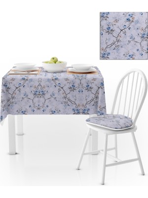 BenimOl Sarmaşık Desenli Çiçekli Gri Mavi Tarçın Kadife Dokulu 180x220 Masa Örtüsü