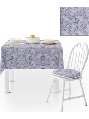 BenimOl Gül Desenli Mavi Sütlü Kahve Kadife Dokulu 180x260 Masa Örtüsü