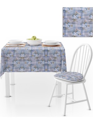 BenimOl Gül Desenli Mavi Hardal Gri Kadife Dokulu 140x180 Masa Örtüsü