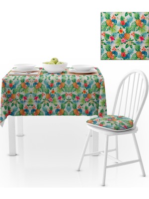 BenimOl Palmiye Yapraklı Tropikal Ananas Desenli Beyaz Zemin Yeşil Masa Örtüsü 120x140