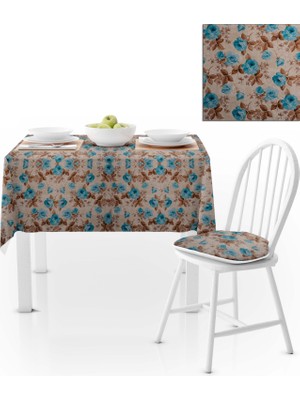 BenimOl Gül Desenli Çikolata Yapraklı Krem Turkuaz Masa Örtüsü 120x140