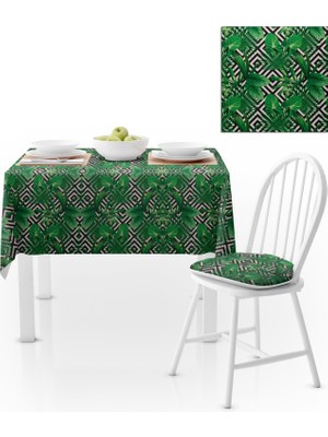 BenimOl Yaprak Desenli Zigzag Zemin Yeşil Yapraklı Siyah Masa Örtüsü 120x140