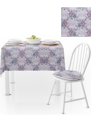 BenimOl Modern Gül Deseni Mavi Kadife Dokulu 120x180 Masa Örtüsü