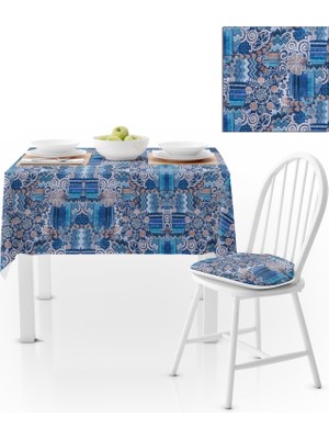 BenimOl Geometrik Desenli Mavi Lacivert Kadife Dokulu 180x180 Masa Örtüsü