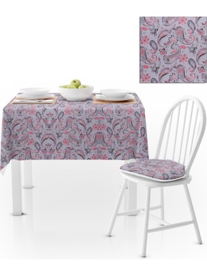 BenimOl Şal Desenli Gri Kırmızı Kadife Dokulu 180x180 Masa Örtüsü