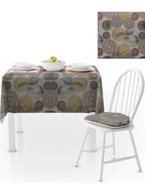 BenimOl Geometrik Desenli Motifli Sarı Kiremit Vizon Masa Örtüsü 140x180
