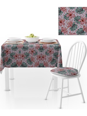 BenimOl Çiçek Desenli Pembe Beyaz Zigzag Zemin Pembe Yeşil Masa Örtüsü 140x260