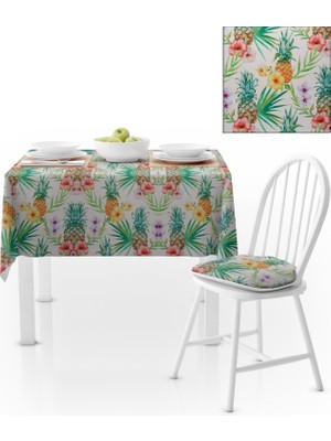 BenimOl Tropikal Ananas Yaprak Desenli Beyaz Zemin Sarı Pembe Çiçekli Masa Örtüsü 120x140