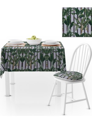 BenimOl Büyük Yaprak Desenli Kahverengi Çizgili Zemin Yeşil Masa Örtüsü 140x260
