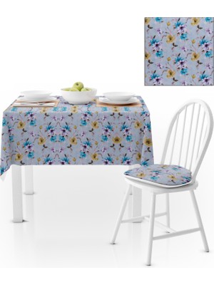 BenimOl Modern Çiçek Desenli Hardal Mavi Kadife Dokulu 120x180 Masa Örtüsü