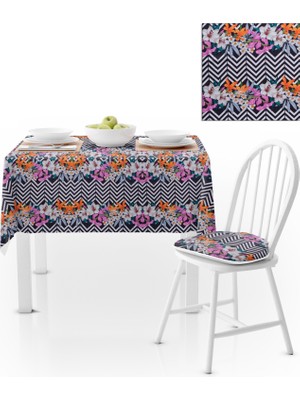 BenimOl Zambak Desenli Zigzag Siyah Beyaz Kadife Dokulu 180x180 Masa Örtüsü