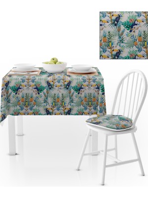 BenimOl Tropikal Papağan Yaprak Desenli Beyaz Zemin Masa Örtüsü 140x180
