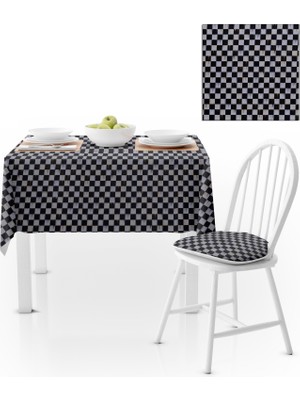 BenimOl Dama Desenli Alevli Siyah Beyaz Masa Örtüsü 140x260