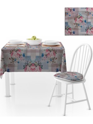 BenimOl Motifli Gül Desenli Renkli Zemin Mavi Gül Kurusu Masa Örtüsü 140x220