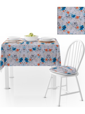 BenimOl Renkli Çiçek Desenli Mavi Turuncu Kadife Dokulu 120x180 Masa Örtüsü