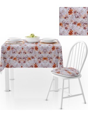 BenimOl Renkli Çiçek Desenli Turuncu Kahve Kadife Dokulu 180x180 Masa Örtüsü