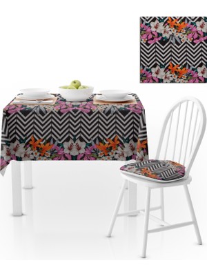 BenimOl Siyah Beyaz Zigzag Zambak Desenli Turuncu Mürdüm Masa Örtüsü 140x140