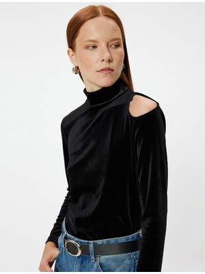 Koton Kadife Tişört Dik Yaka Pencere Detaylı Uzun Kollu