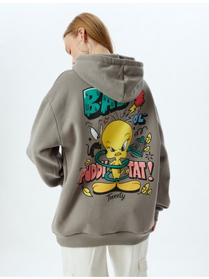 Tweety Oversize Sweatshirt Kapüşonlu Arkası Baskılı Lisanslı