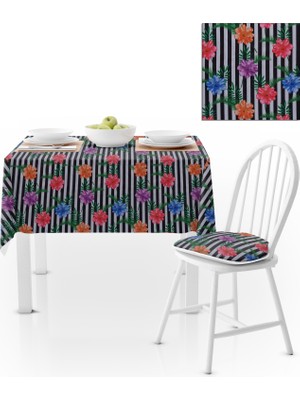 BenimOl Çiçek Desenli Çizgili Mavi Kırmızı Mor Çiçekli Masa Örtüsü 140x260