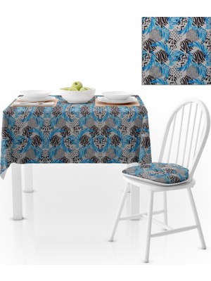 BenimOl Yaprak Desenli Mavi Siyah Beyaz Masa Örtüsü 140x220