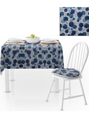 BenimOl Geometrik Desenli Altıgen Beyaz Zemin Lacivert Mavi Masa Örtüsü 140x260