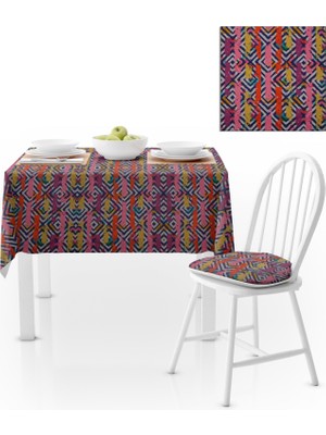 BenimOl Sulu Boya Desenli Lacivert Çizgili Zemin Sarı Pembe Masa Örtüsü 140x180