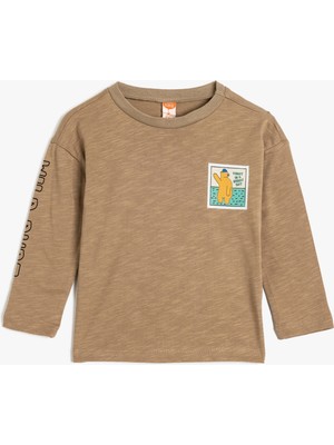 Koton Tişört Uzun Kollu Bisiklet Yaka Ayıcık Baskı Detaylı Pamuklu