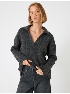 Koton Polo V Yaka Triko Oversize Kazak Uzun Kollu