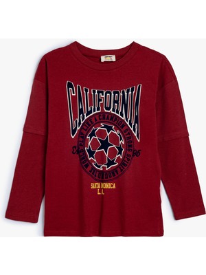 Koton Oversize Tişört Kolej Baskılı Uzun Kollu Bisiklet Yaka Pamuklu