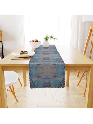 BenimOl Geometrik Desenli Yuvarlak Motifli Turkuaz Vizon Runner 40x140