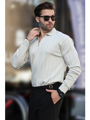 Madmext Bej Polo Yaka Fermuarlı Örme Kazak 7242