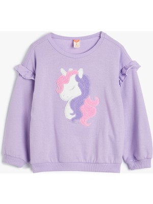 Koton Sweatshirt Unicorn Aplikeli Fırfır Detaylı Pamuklu Şardonlu