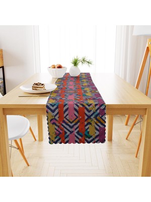 BenimOl Sulu Boya Desenli Lacivert Çizgili Zemin Sarı Pembe Runner 40x140